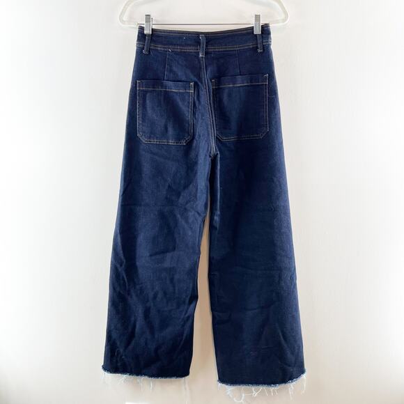 ZARA High Waist Patch Pocket Raw Hem Wide Leg Dark Wash Jeans Blue 6 - Picture 5 of 9
